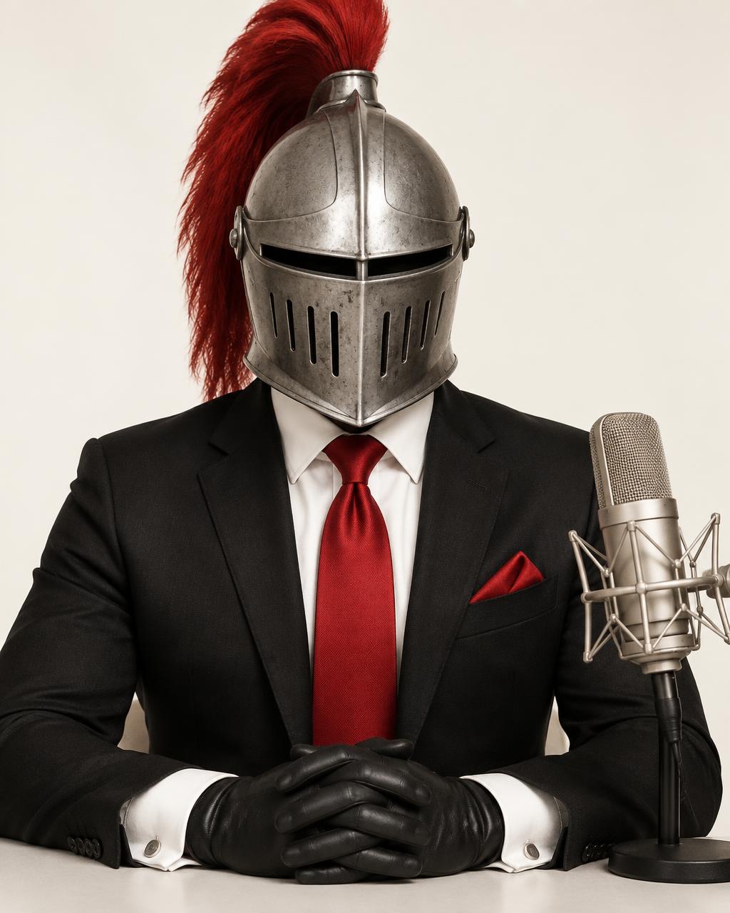 The Korporate Warrior in a suit and medieval helmet at the microphone